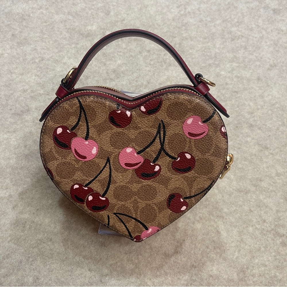 Coach Heart Cherry Signature Canvas Tan Marrón Double Zip Crossbody Purse - Picture 3 of 16